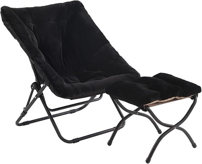 Tiita Folded Chair with Ottoman, Soft Faux Fur Oversized Folding Accent Chair,Lazy Chair, Metal Frame Moon Chair for Bedroom, Living Room, Dorm Rooms, Garden and Courtyard