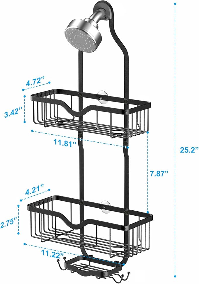 Shower Caddy Hanging, Bathroom Organizer Rack, Shower Rack with Soap Dish, Over The Showerhead Caddy with Hooks for Razor/Sponge, Matte Black (Assembly Required)