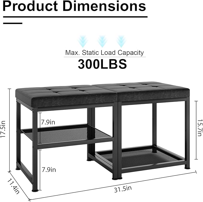 DreamDashio Set of 2 Small Shoe Storage Benches with PU Leather Cushion, 3-Tier Shoe Rack Organizer for Entryway, Metal Mesh Shelves, Holds Up to 300 lbs, Black (31.5"x11.4"x17.5")