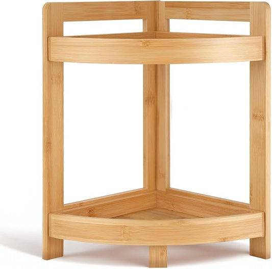 2026 New Bamboo Standing Shelf, 2 Tier Corner Shelf Stand, bathroom counter/sink organizer, Triangular Curved Corner Shelf Stand for Space-Saaving Display Ideal for Bathroom/Kitchen/Living Room