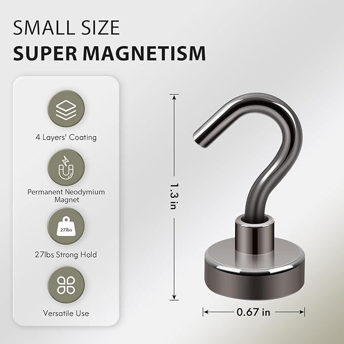 Neosmuk Magnetic Hooks, Heavy Duty 30lb+ Strong Magnet Hook for Cruise Cabins, Cruise Essentials 2026 for Hanging, Metal Wall Refrigerator Hangers (Gunmetal, 10 Pack)