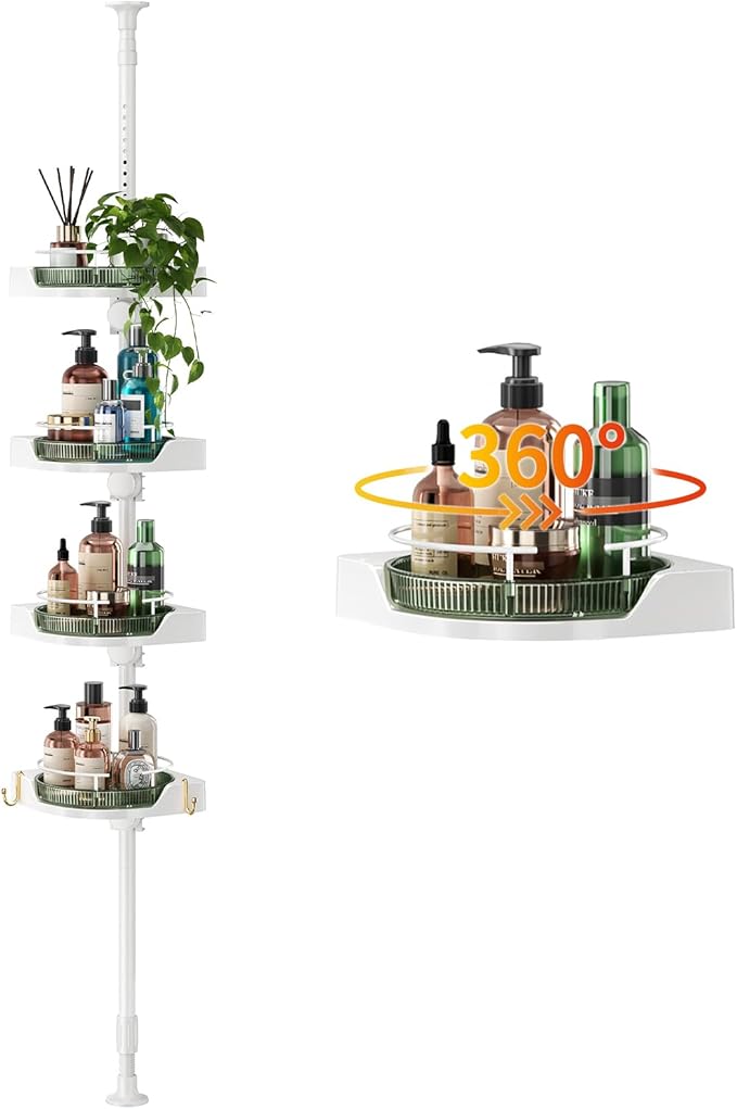 akinbas Shower Caddy Tension Pole with 4 L-Lazy Susan Organizer 360 Rotating 35-128 Inch No Drilling Floor Standing Shelves Adjustable Shower Rack for Bathroom Corner (White+Green)