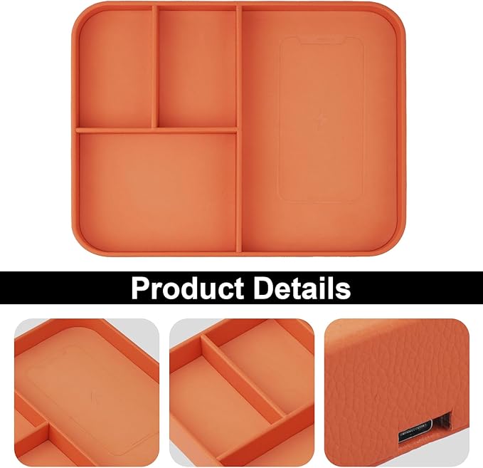 VOVIPO Faux Leather Valet Tray,with 2 in 1 Wireless Charging Compitable With iPhone/17/16/15/15 Plus/15 Pro/15 Pro Max/14/13/12/Wireless earphones,Office/Home Desk Organizers Tray-Orange