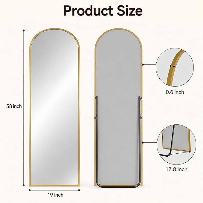 Antok Full Length Mirror, 59"x18" Floor Mirror with Stand, Hanging Mounted Mirrors for Bedroom, Living Room, Cloakroom, Dining Room, Gold, Arched