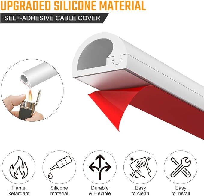 AUAUY 118" Cord Hider for Wall Mount TV, Self Adhesive Silicone Cord Covers, Flexible Hiding Wires on Wall, Cable Cover Raceway Kit for Wires, Home Office, Walls & Floors, White(0.55" W x 0.43" H)