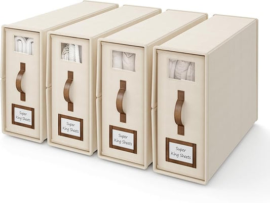 4 Pack Foldable Bed Sheets Set Organizers and Storage(Cal King Size),Linen Fabric Closet Organizers with Window,Folding Bedding Storage Box for Bedsheets and Pillow Cube Organizer-Beige