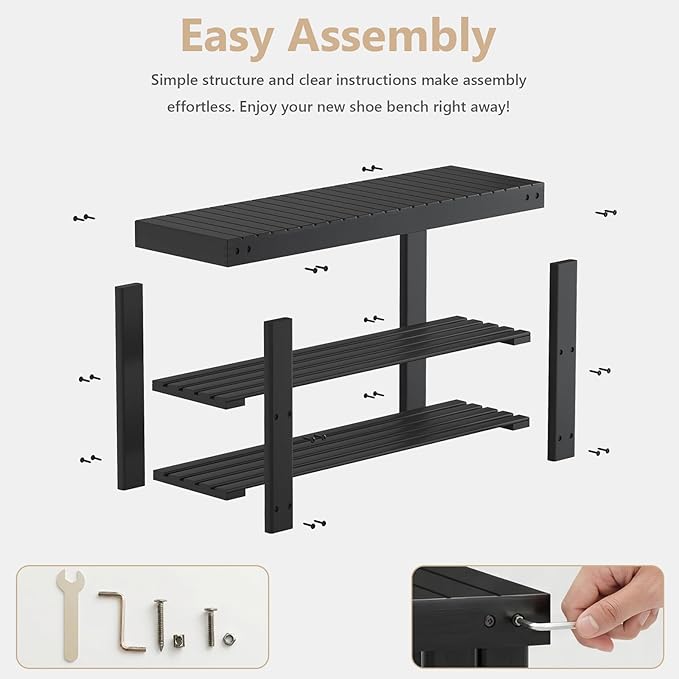 NEWBULIG Shoe Rack Bench, 3-Tier Bamboo Shoe Organizer, Wooden Entryway Storage Bench, 286 lb Load Capacity, 11.2x35.5x17.9 Inches, for Entryway Bathroom Bedroom Balcony, Black