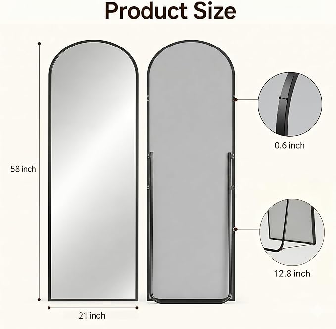 Antok Full Length Mirror, 21"x58" Floor Mirror with Stand, Hanging Mounted Mirrors for Bedroom, Living Room, Cloakroom, Dining Room, Black, Arched