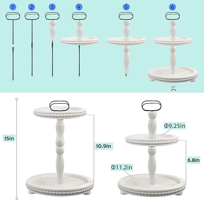 Urban Deco Wooden Decorative Tray Two Tiered Trays Decorations Round Serving Tray with Metal Handle, Wooden Cupcake Stand for Party Tiered Dessert Stand - Retro White Farmhouse Wood Tray