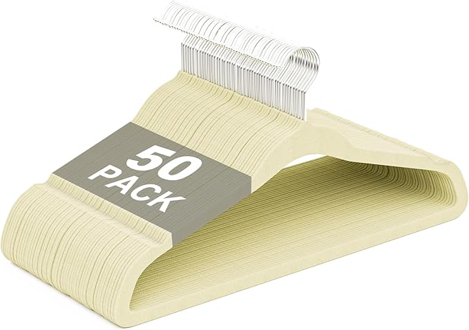 Velvet Hangers 50 Pack, Non Slip Clothes Hangers with Shoulder Notches, Slim Felt Hanger with 360° Swivel Hook, Space-Saving, for Coat, Shirt, Pants, Dress, Suits, Ivory
