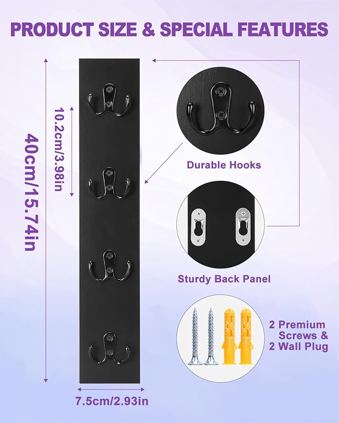 UCEC Vertical Key Holder Wall Mount – Solid Wood Key Rack with Hooks, Space-Saving Organizer for Entryway, Garage & RV – Easy Install, Wall Hooks for Hanging, Black