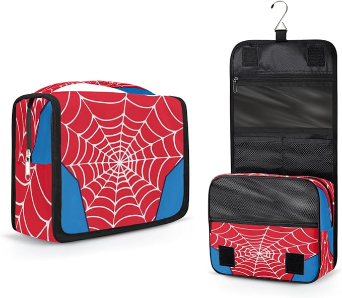 AUUXVA Kids Hanging Toiletry Bag for Boys - Waterproof Travel Cosmetic Organizer Makeup Pouch for Girls Shower Wash Bags with Hanging Hook Toiletries Storage Bag(Red Spider Web)