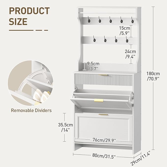 RALGEND Shoe Cabinet with Coat Rack, Tall Narrow Hidden Shoe Storage Cabinet with 2 Flip Drawers, Slim Freestanding Shoe Rack with Hooks, Hall Tree, Narrow Shoe Organizer for Entryway, White
