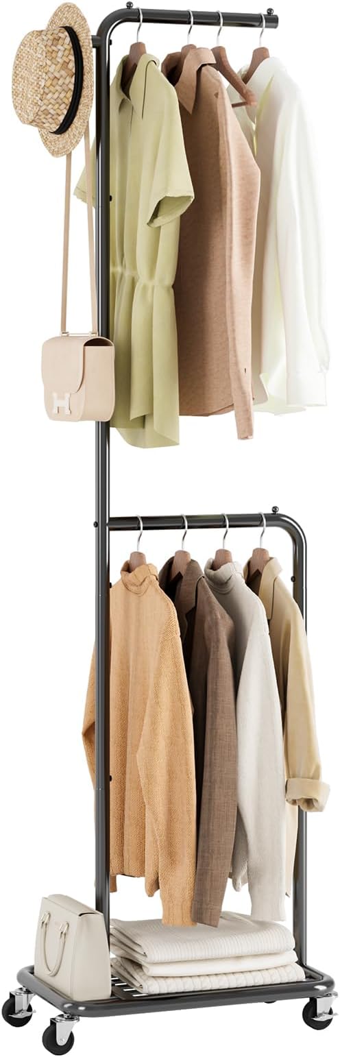 Small Clothes Rack with Wheels, 71" Portable Rolling Clothing Rack with Bottom Metal Shelf, Garment Rack with Hanging Rod, Sturdy Freestanding Coat Rack for Bedroom, Entryway, Black