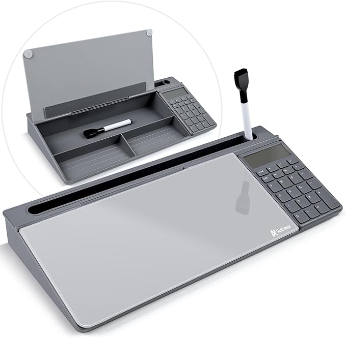 Varhomax Glass Desk Whiteboard Gray with Calculator, Desktop Organizer Dry Erase White Board with Storage, to Do List Memo Notepad for Home Office and School Supplies