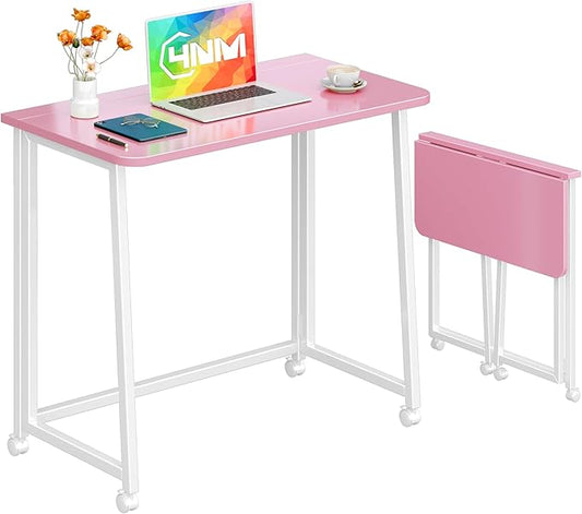 4NM 31.5" Mobile Small Folding Desk, Foldable Rolling Computer Home Office Desk, Study Writing Table for Small Space Saving Bedroom, with Wheels - Pink and White