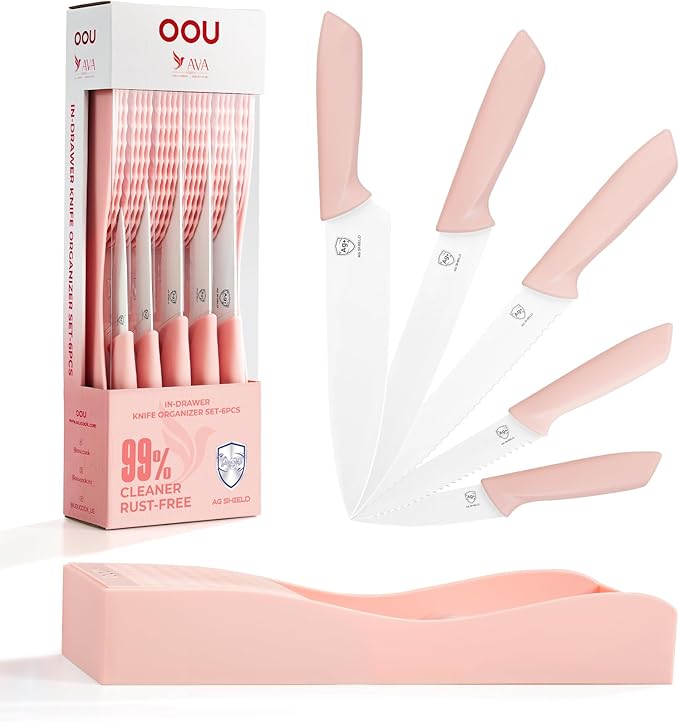OOU In-Drawer Kitchen Knife Set, Space-Saving Cutlery and Kitchen Organizer, Includes Chef, Bread, Santoku, Utility and Paring Knives, 6-Piece, Pink