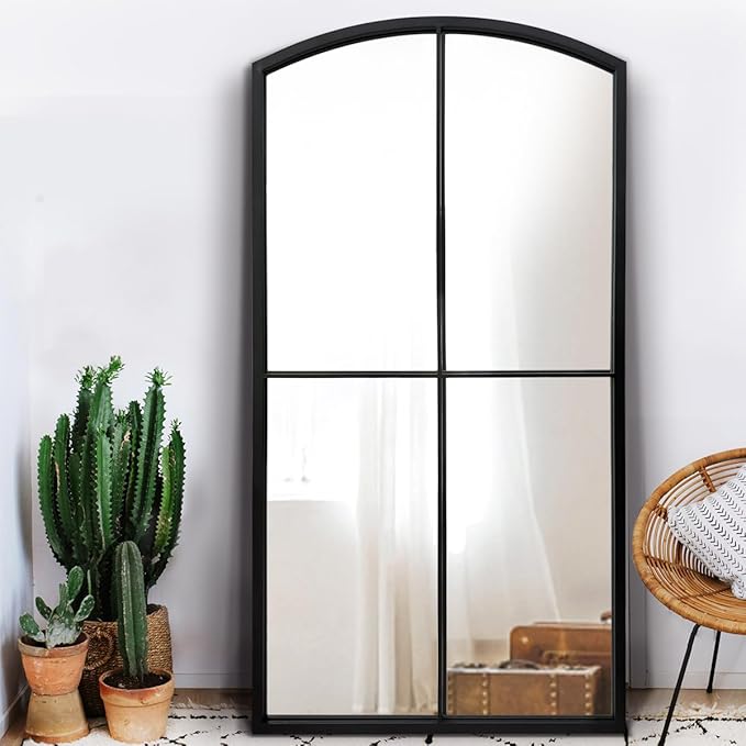 WAMIRRO Full Length Window Mirror,Black Arched Floor Grid Wall Mounted Mirrors for Fireplace/Entryway/Hallway/Living Room 28"X53"