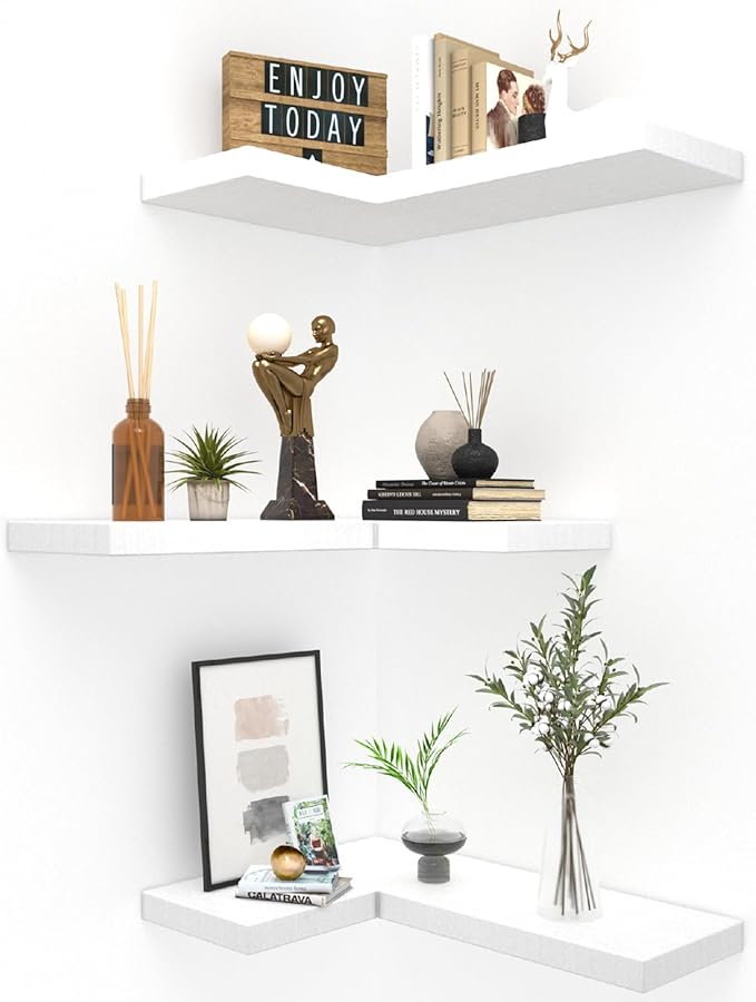 NATURE'S SOURCE Floating Corner Shelves with Invisible Brackets Set of 3, Corner Shelves Wall Mounted, for Home Bedroom Bathroom Kitchen Living Room Office- 16.1" x 11.5" (Pure White)