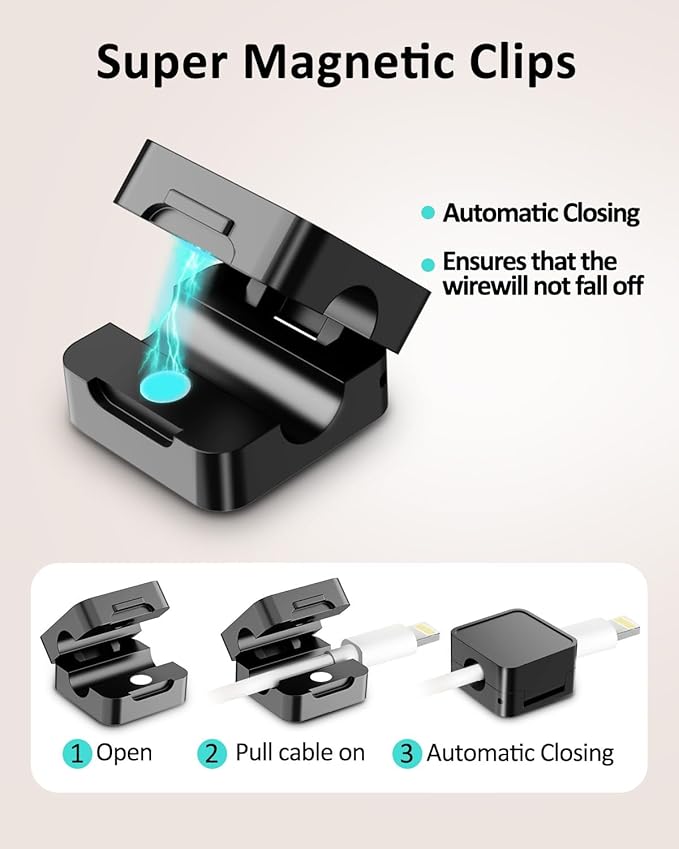10 Pack Magnetic Cord Organizer Holder, Adjustable Cable Clips, Strong Adhesive Desk Cable Management Clips for Nightstand, Office, Car, Easy Open Design for Tidy Wire Organization