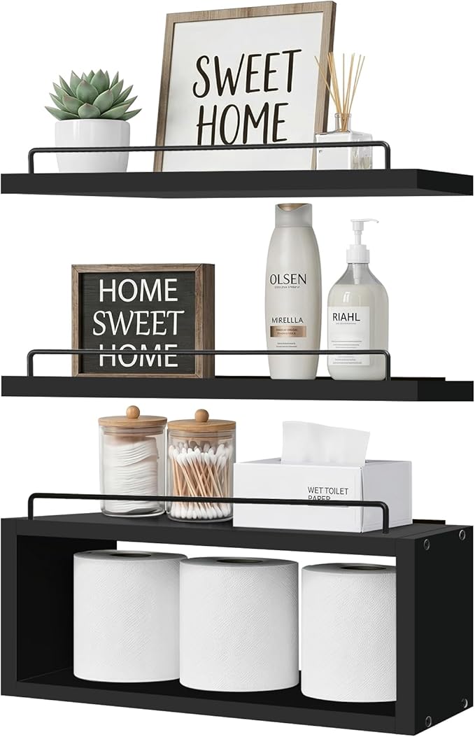 LANDNEOO Floating Shelves for Wall with Cube Shelf, Set of 3 Wood Bathroom Shelves Over Toilet for Storage, Wall Mounted Organizer with Metal Rail for Restroom Decor and Toilet Paper, Black
