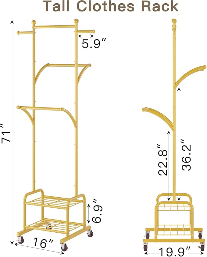 Rolling Clothes Rack with 2 Metal Shelves, 71" Portable Clothing Rack with Wheels, Small Garment Rack with 2 Side Hanging Rods, Freestanding Coat Rack for Laundry Room, Bedroom, Gold
