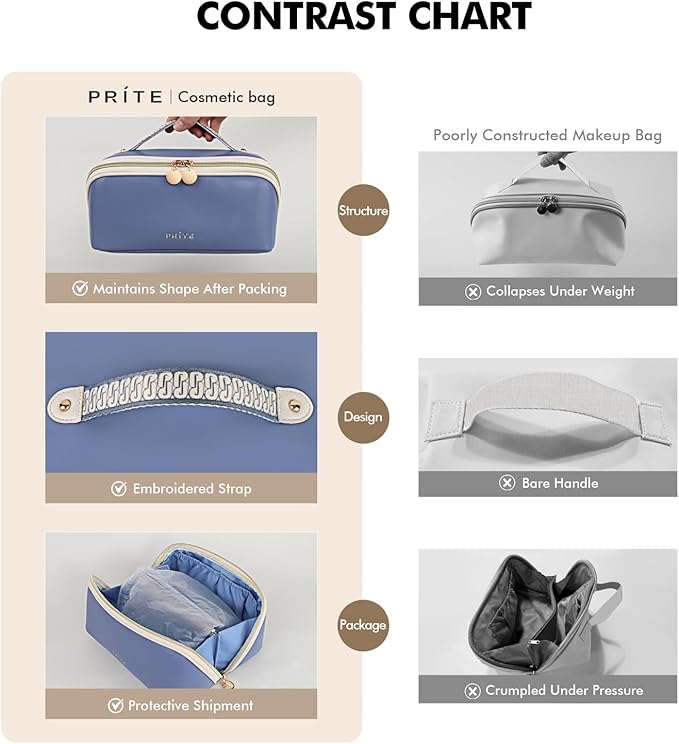 Prite Makeup Bag for Women Travel Waterproof Vegan Leather Cosmetic Bag Open Flat Toiletry Bag With Clear Divider and Handle (Blue, Medium)