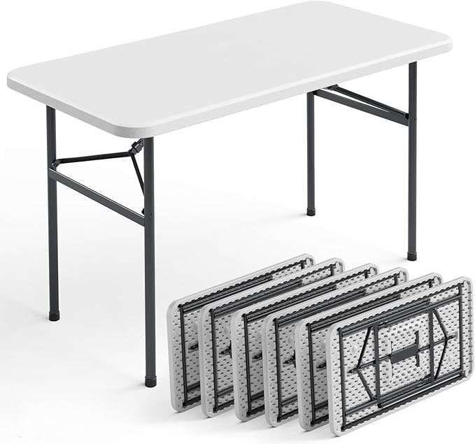4ft Folding Table with Foldable Steel Legs, Heavy Duty Plastic Foldable Table, Metal Frame Supports up to 400 lb, Portable Table for Banquet, Craft, Party, Indoor & Outdoor Use, White, 6 Pack