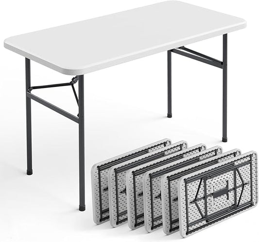 4ft Folding Table with Foldable Steel Legs, Heavy Duty Plastic Foldable Table, Metal Frame Supports up to 400 lb, Portable Table for Banquet, Craft, Party, Indoor & Outdoor Use, White, 6 Pack