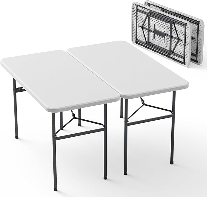 Folding Table, 2 Pack 4ft Folding Table with Foldable Steel Legs, Heavy Duty Plastic Foldable Table, Metal Frame, Support up to 400 lb, Portable for Banquet, Craft, Party, Indoor & Outdoor Use, White