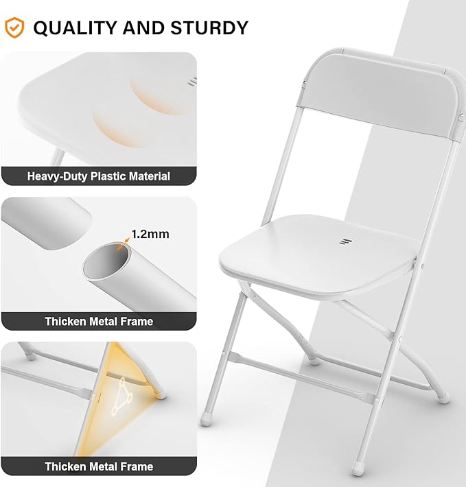VINGLI White Plastic Folding Chairs, Set of 2, Heavy-Duty Commercial Seats with Steel Frame, 350 lb Capacity, for Indoor & Outdoor Events, Office, Wedding, Party & Dining (2, White, S)