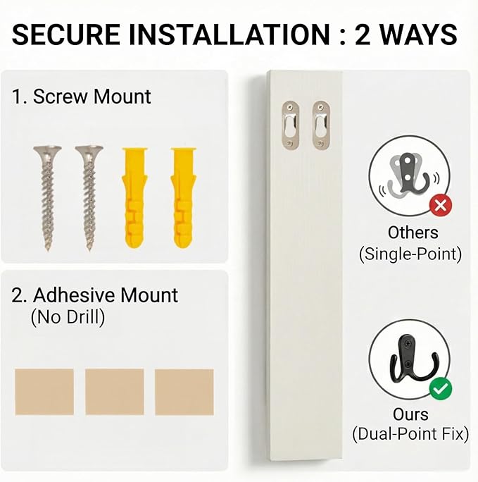 Vertical Key Holder for Wall & Dog Leash Holder – Solid Wood Wall Mount Key Rack with 8 Hooks – Small Space Saving Entryway Organizer for Keys, Lanyards, Masks (Adhesive or Screws) (White)