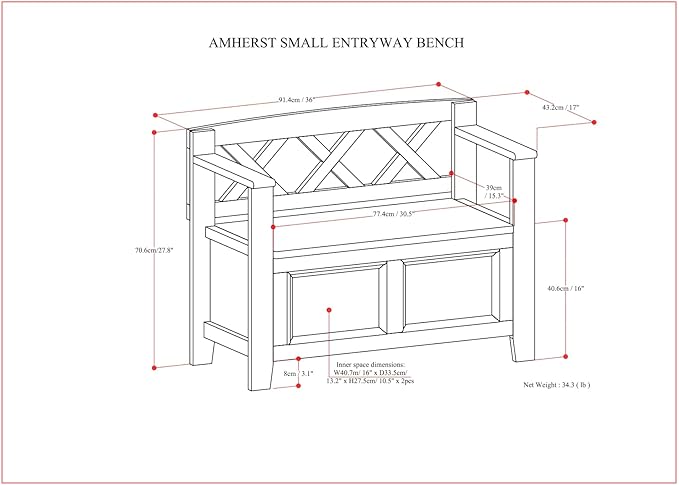 SIMPLIHOME Amherst Entryway Storage Bench - 36 inch Wide Solid Wood Hallway Bench in Hickory Brown, Transitional Bench for Entry or Mudroom with Lift-Up Lid, Storage Compartments and X-Back Detail