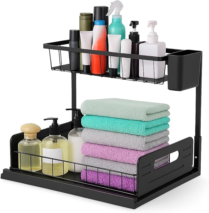 2 Pack Under Sink Organizer, Heavy Duty 2 Tier Slide-Out Storage, Space Saving Cabinet Organizer for Bathroom & Kitchen, Metal Shelf with Brush Holder, Black