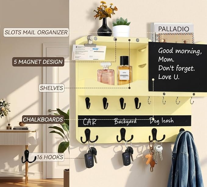 Key Holder for Wall Mount with Shelf and Mail Organizer, Key and Mail Holder with 16 Hooks, Farmhouse Entryway Organizer, Home Decor Rack(Pine Wood,Ivory Yellow)