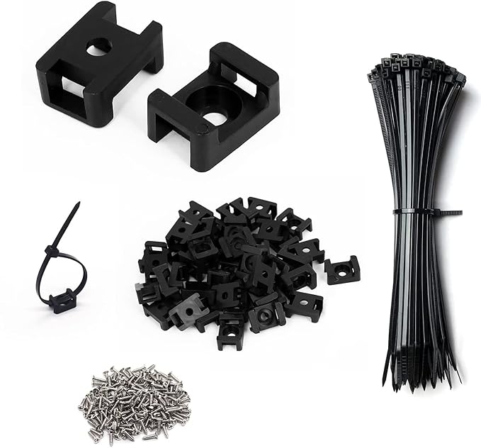 Cable Zip Tie Mounts Kit - 240 Set Wire Cable Clips Organizer Holders with 8" Cable Ties, Saddle Type Mounts Base and Tapping Screw, Black