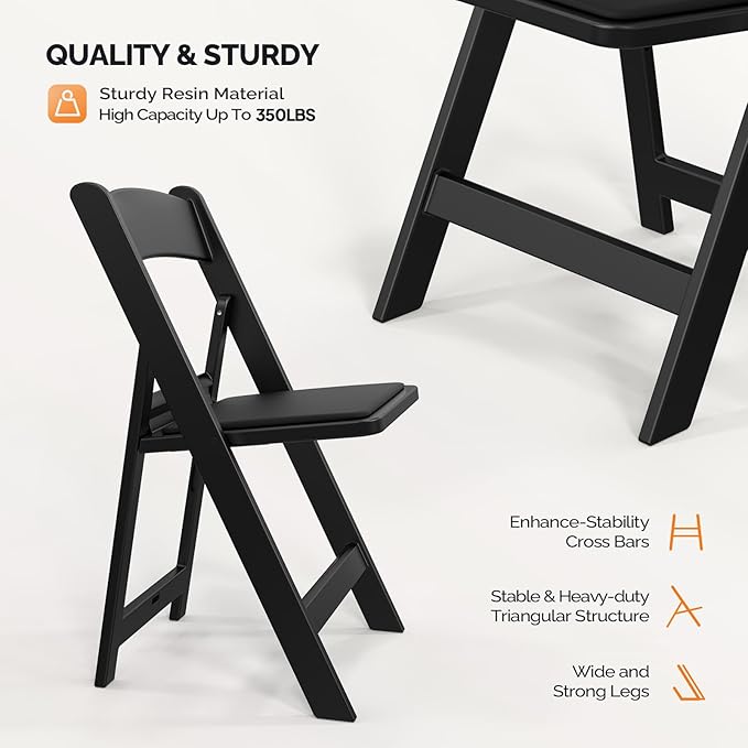VINGLI Resin Folding Chairs with Cushion, Foldable Plastic Chair with Comfortable Padded Seats, Perfect for Event Party Indoor Outdoor, Black, 8 PC