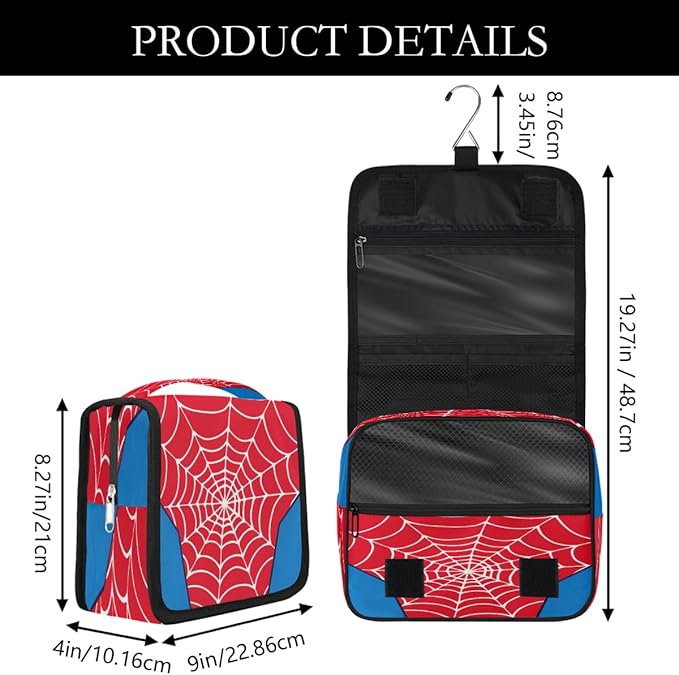 AUUXVA Kids Hanging Toiletry Bag for Boys - Waterproof Travel Cosmetic Organizer Makeup Pouch for Girls Shower Wash Bags with Hanging Hook Toiletries Storage Bag(Red Spider Web)