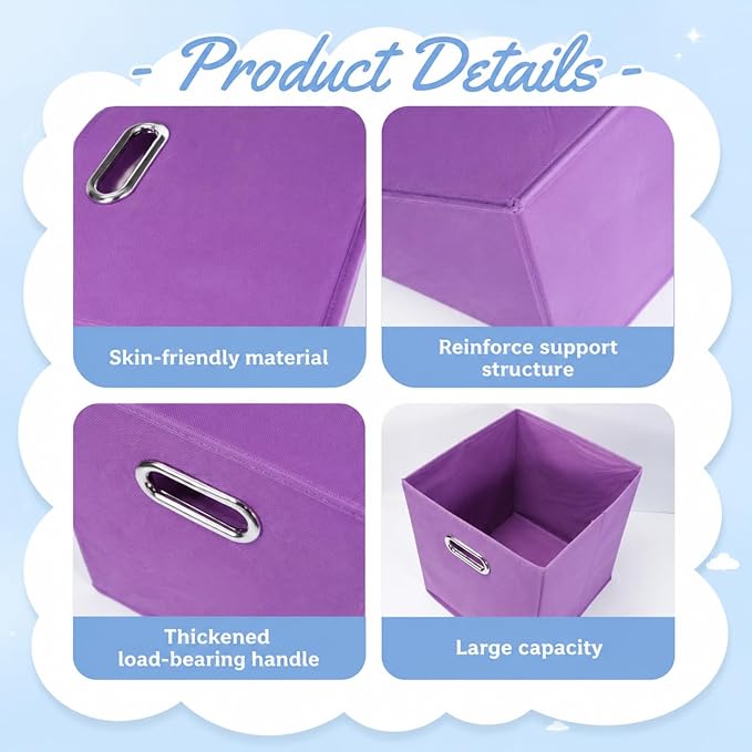 6 Pack Storage Bins, 10.4 x 10.4 x 11 Inch Foldable Fabric Storage Cubes with Metal Handles for Shelves, Closet, Clothes, Toy(Dark Purple)