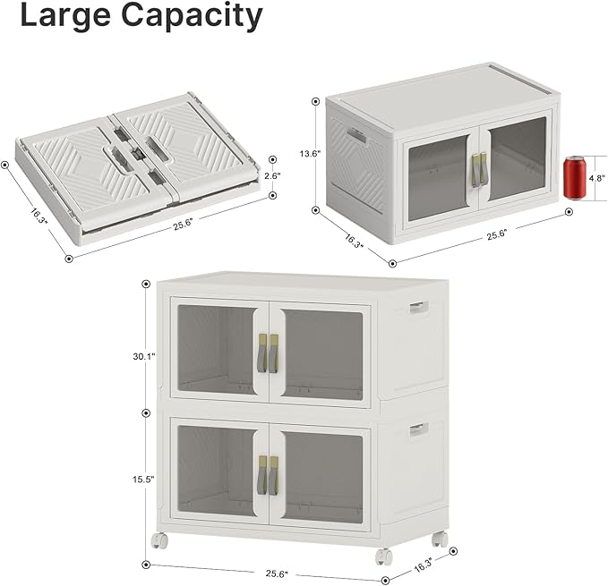 UAMFURI Stackable Storage Bins with Lids, Clear Doors, Large Storage Cabinet Foldable Collapsible Closet Organizers for Bedroom Dorm Office (2, White, 120, Quarts)