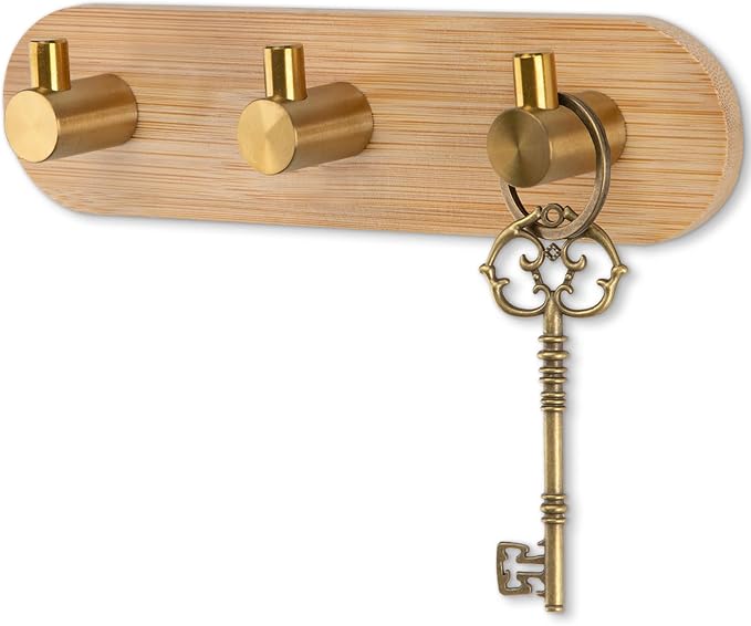 Nekon Bamboo Key Holder for Wall, Wall Mount Key Organizer with 3 Hooks, Decorative Coat Rack for Entryway, Kitchen, Bedroom, Bathroom (Gold Hooks)
