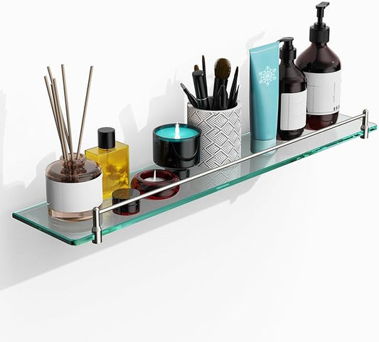 24 Inch Glass Bathroom Shelves,Brushed Nickel Floating Shelves for Wall Rectangular Modern Stainless Steel Glass Shelf for Bathroom Shelves Wall Mounted
