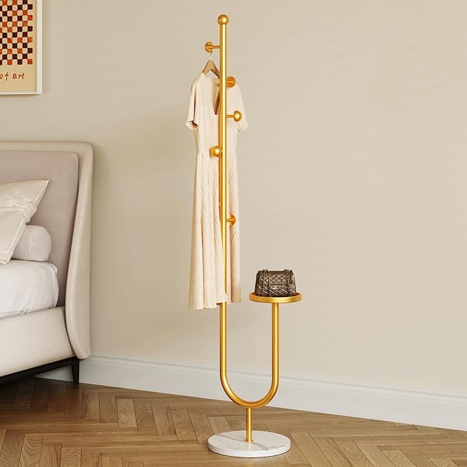 Coat Rack,Metal Free Standing Coat Stand with marble base, Hall Coat Tree with 6 Hooks and Storage Tray,68.9 Inch Tall, for Coats, Hats, Bags, for Entryway, Hallway, Bedroom