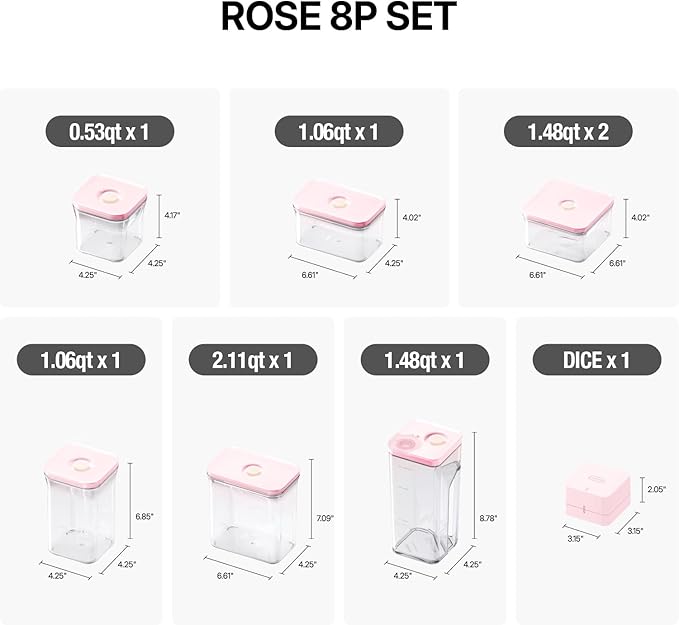 VAKUEN Premium Airtight Food Storage Containers ROSE 8P/SET, 6pcs Container, 1pcs Water Pitcher and Vacuum Sealer. Patented Double Silicone Lining, 100% Leak Proof, BPA-FREE