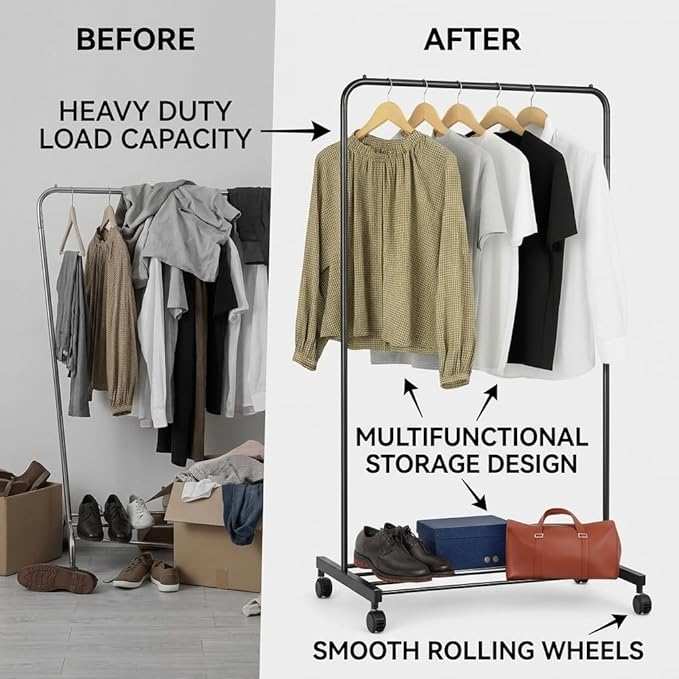 USTECH Heavy Duty Garment Rack with Sturdy Wheels | 450 lb Load Capacity | Adjustable Metal Clothing Anti-Slip Rack for Hanging Clothes, Lockable for Stability (Single Rod)