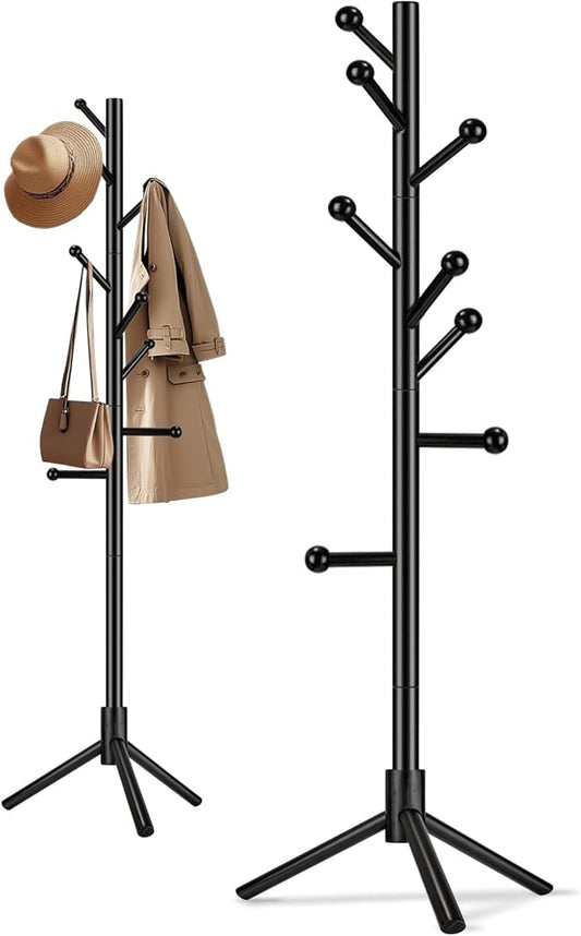 Wooden Coat Rack Freestanding, Adjustable Height Solid Wood Clothes Stand with 8 Ball-End Hooks, Stable Tripod Base, 5.7FT Floor Coat Tree for Entryway Bedroom Office, Black