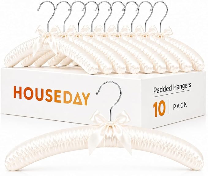 HOUSE DAY 17 Inch Satin Padded Hangers for Women, 10 Pack Heavy Duty Silk Hangers with Swivel Hooks, No Shoulder Bump Thick Foam Hangers for Sweater, Wedding Dress, Coat & Delicate Cashmere - Beige