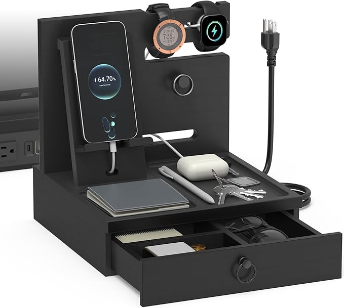 upcessory Nightstand Organizer, Wood Bedside Organizer Docking Station with USB Ports and Outlets, Gifts for Men, Nightstand Drawer Organizer for Cellphone, Watch, Sunglasses & Accessorie