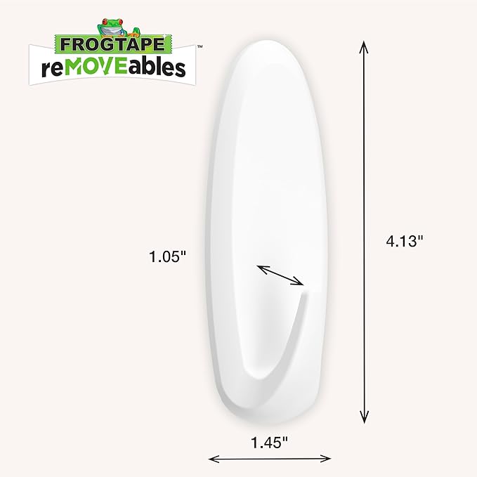 FrogTape reMOVEables Heavy Duty Wall Hooks - Holds up to 5 lbs - Includes 1 Hook and 2 Strips - No Damage - Easy to Remove & Reuse - Large Wall Hook with Adhesive Strips - White (Pack of 1)
