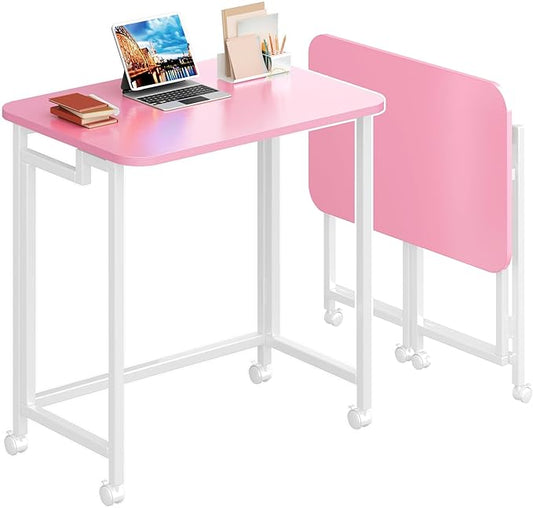 4NM 23.6" Mobile Small Rolling Computer Desk, Folding Laptop Cart Table with Wheels, Portable Office Desk for Small Space Couch Bed - Pink and White